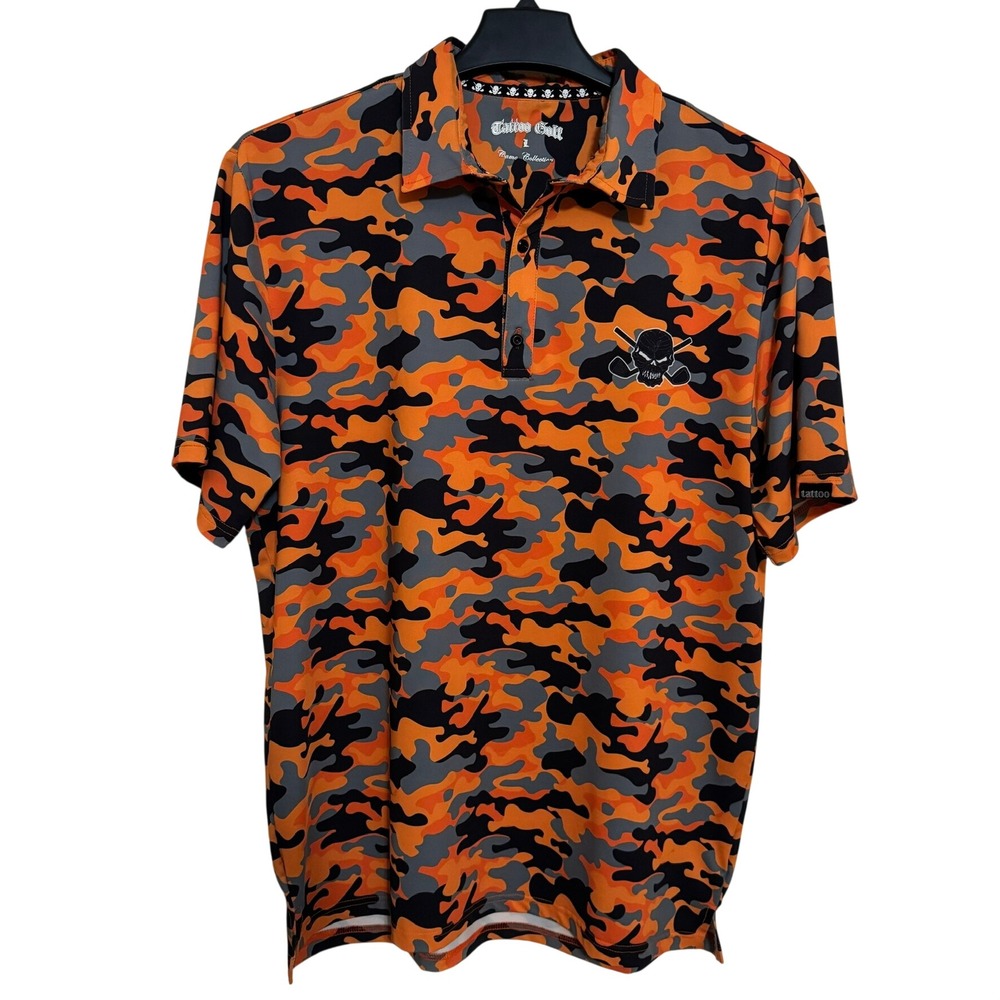 Tattoo Golf Polo Men's Large Activewear Black Orange Full Graphic Camouflage